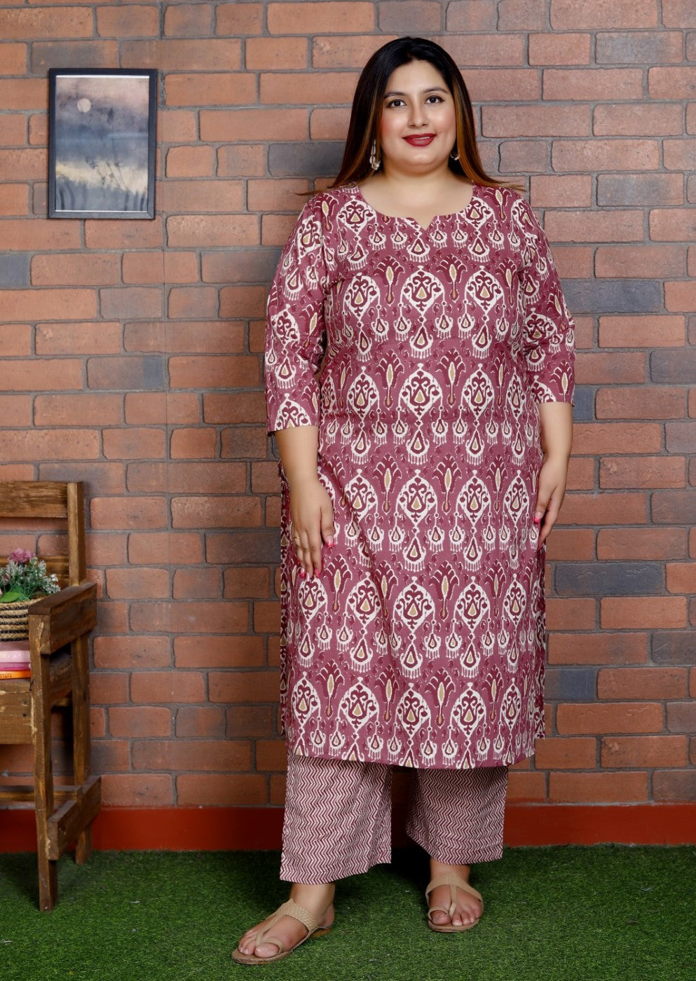 Plus Size Purple Cotton Printed Kurta Pant Set with Dupatta-200045
