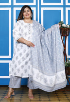 Plus Size Grey Cotton Printed Kurta Pant Set with Dupatta-200046