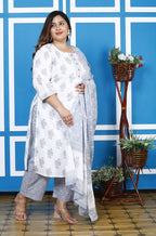 Plus Size Grey Cotton Printed Kurta Pant Set with Dupatta-200046