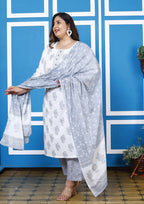 Plus Size Grey Cotton Printed Kurta Pant Set with Dupatta-200046