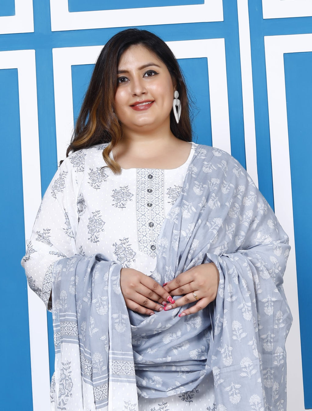 Plus Size Grey Cotton Printed Kurta Pant Set with Dupatta-200046