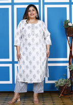 Plus Size Grey Cotton Printed Kurta Pant Set with Dupatta-200046