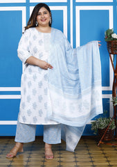 Plus Size Blue Cotton Printed Kurta Pant Set with Dupatta-200047