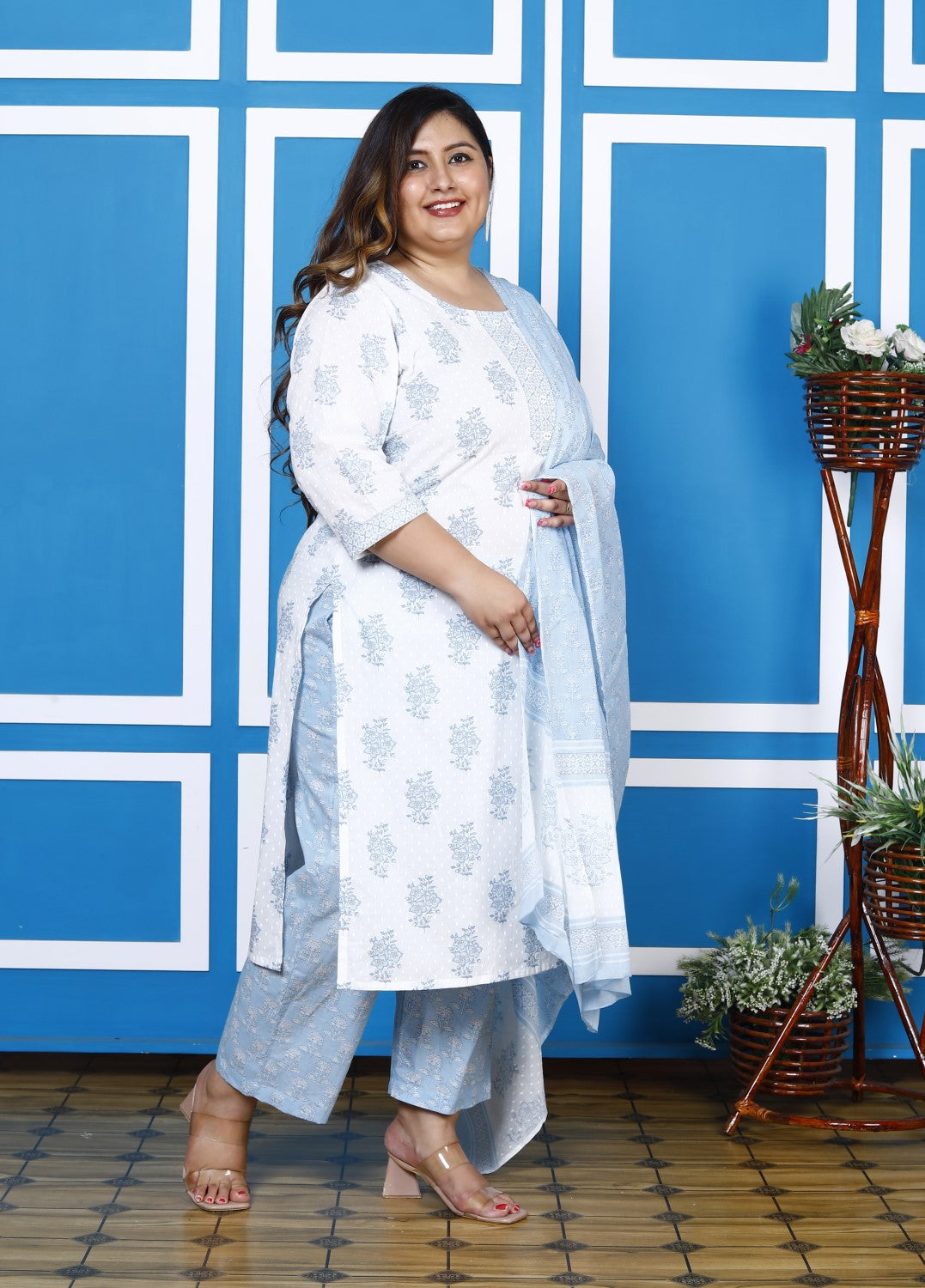 Plus Size Blue Cotton Printed Kurta Pant Set with Dupatta-200047