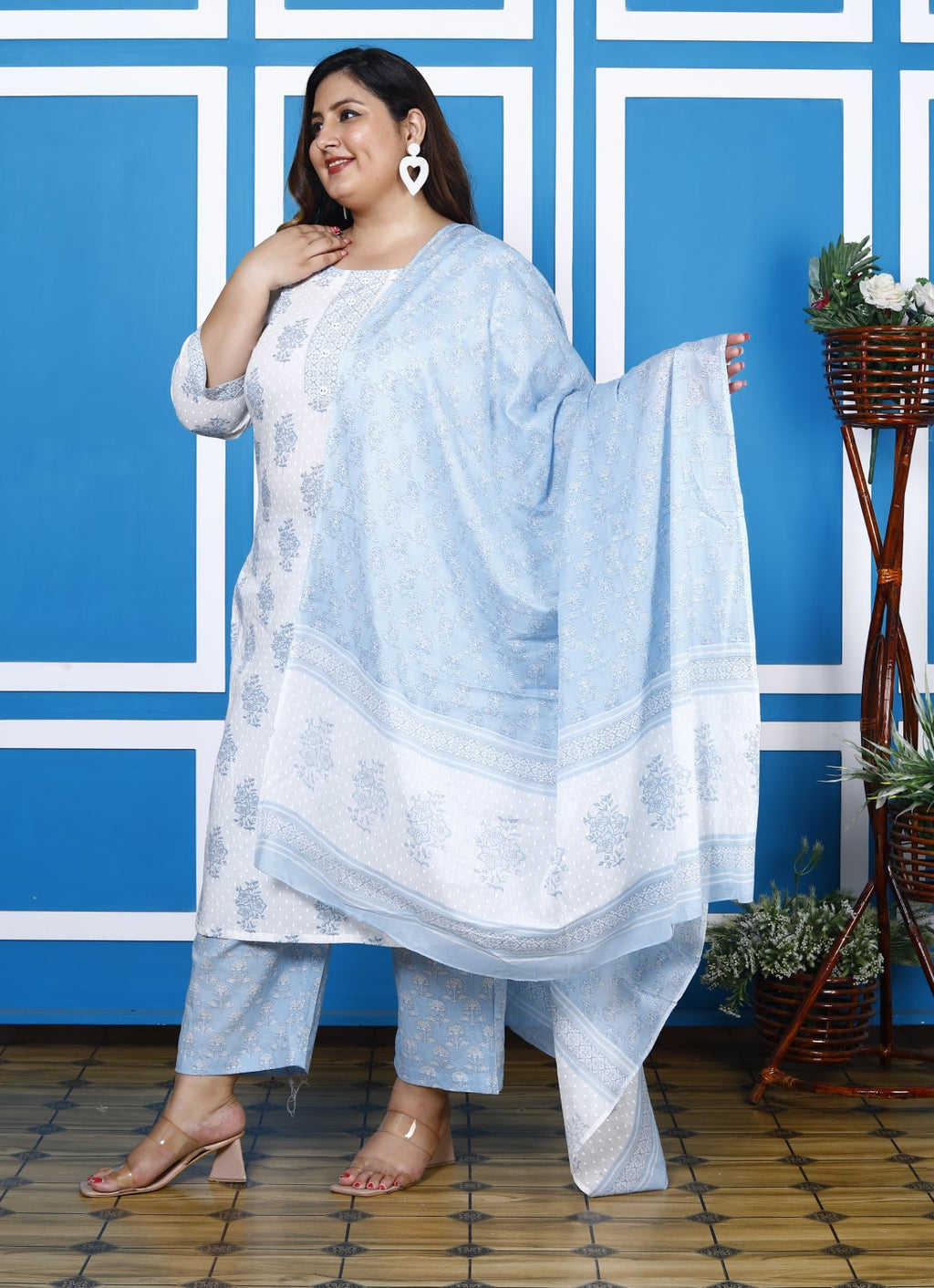 Plus Size Blue Cotton Printed Kurta Pant Set with Dupatta-200047