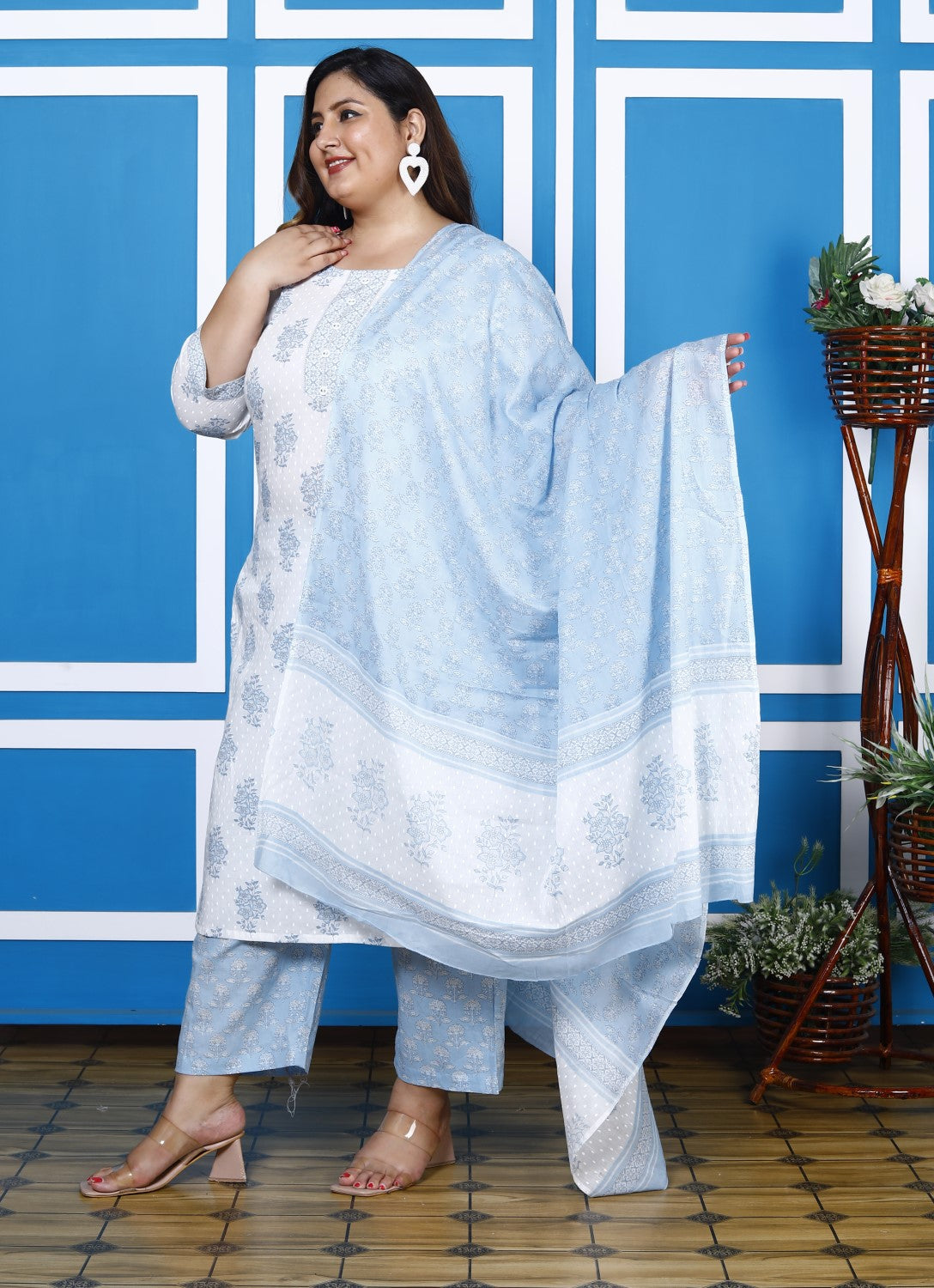Plus Size Blue Cotton Printed Kurta Pant Set with Dupatta-200047