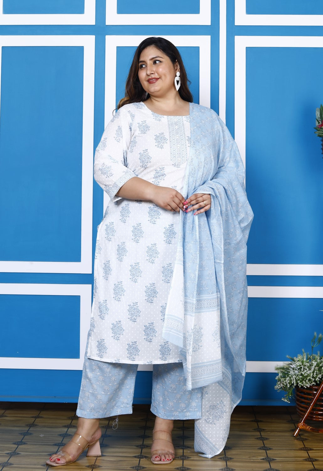 Plus Size Blue Cotton Printed Kurta Pant Set with Dupatta-200047