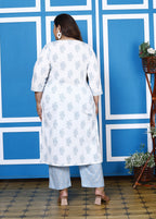 Plus Size Blue Cotton Printed Kurta Pant Set with Dupatta-200047