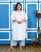Plus Size Blue Cotton Printed Kurta Pant Set with Dupatta-200047