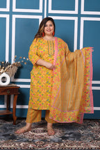 Plus Size Yellow Cotton Printed Kurta Pant Set with Dupatta-200048