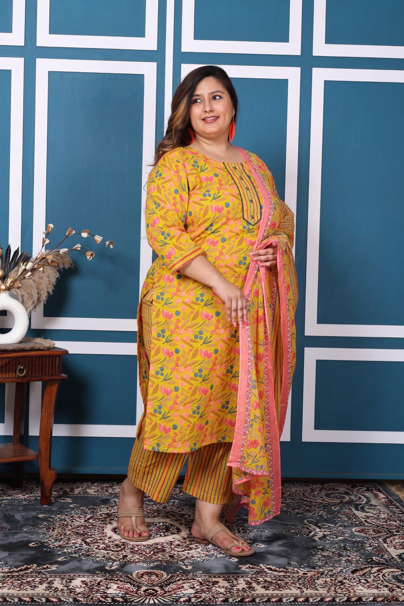 Plus Size Yellow Cotton Printed Kurta Pant Set with Dupatta-200048