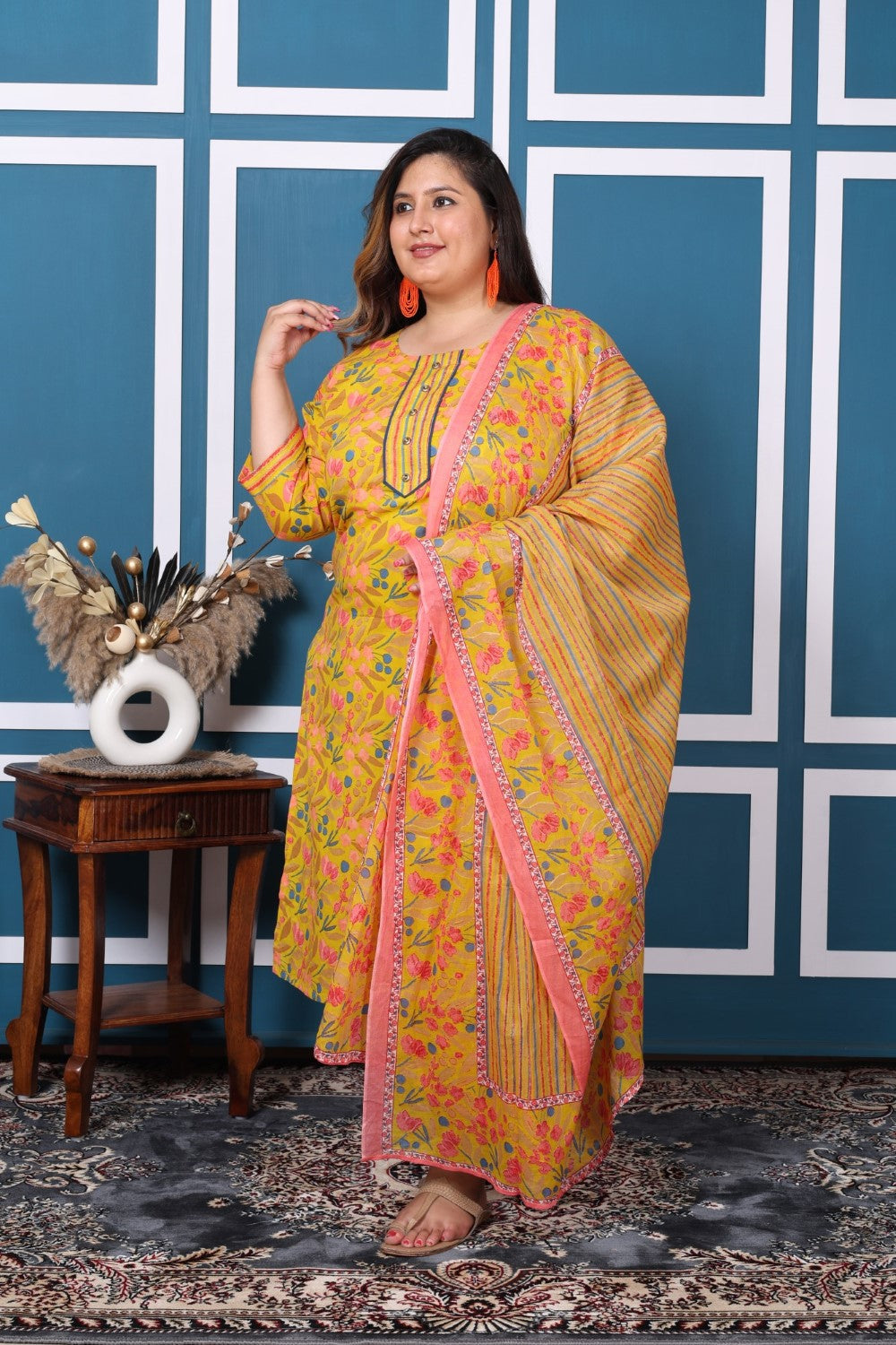 Plus Size Yellow Cotton Printed Kurta Pant Set with Dupatta-200048