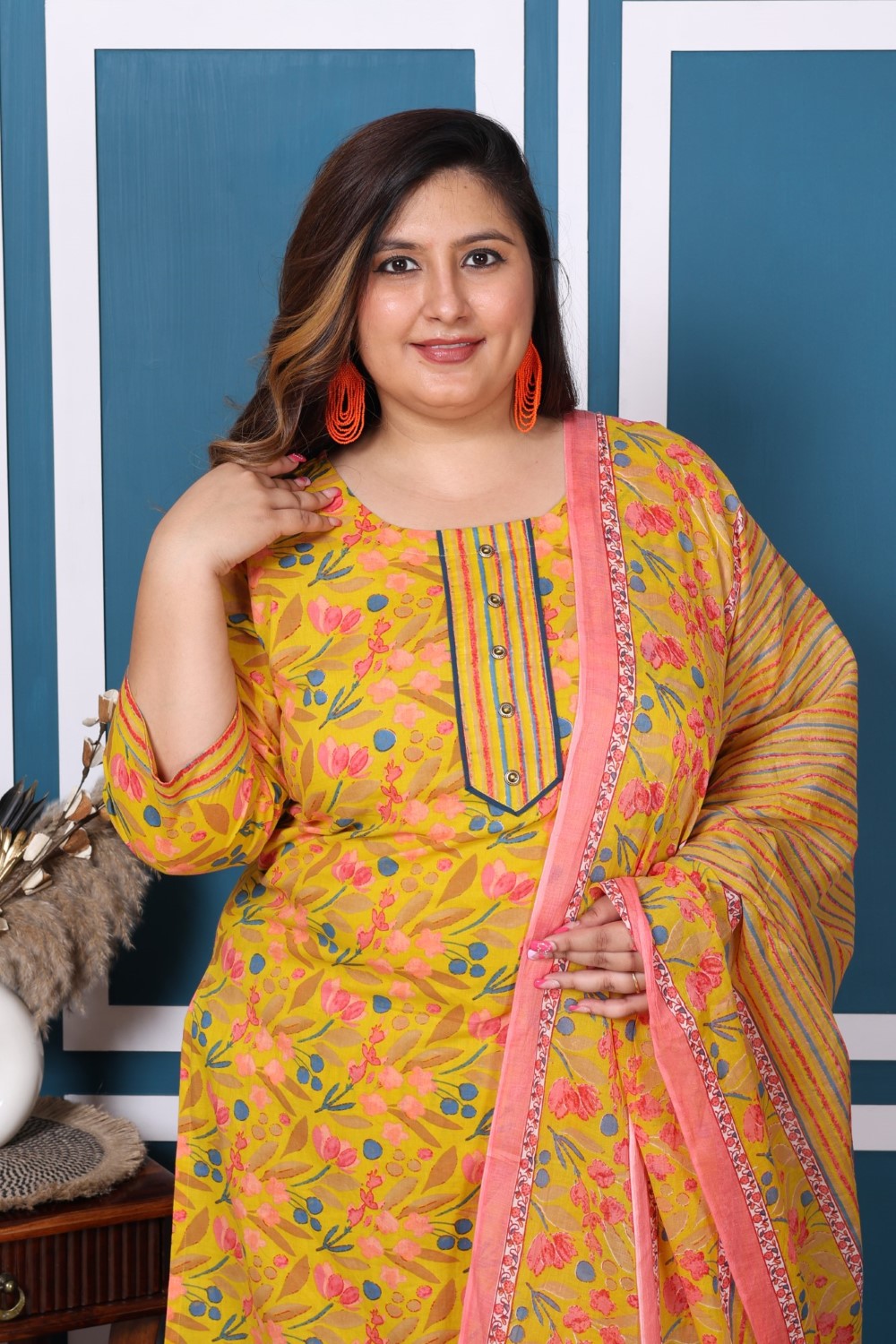 Plus Size Yellow Cotton Printed Kurta Pant Set with Dupatta-200048