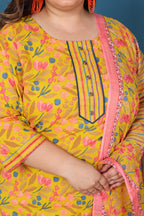 Plus Size Yellow Cotton Printed Kurta Pant Set with Dupatta-200048