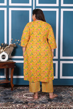 Plus Size Yellow Cotton Printed Kurta Pant Set with Dupatta-200048