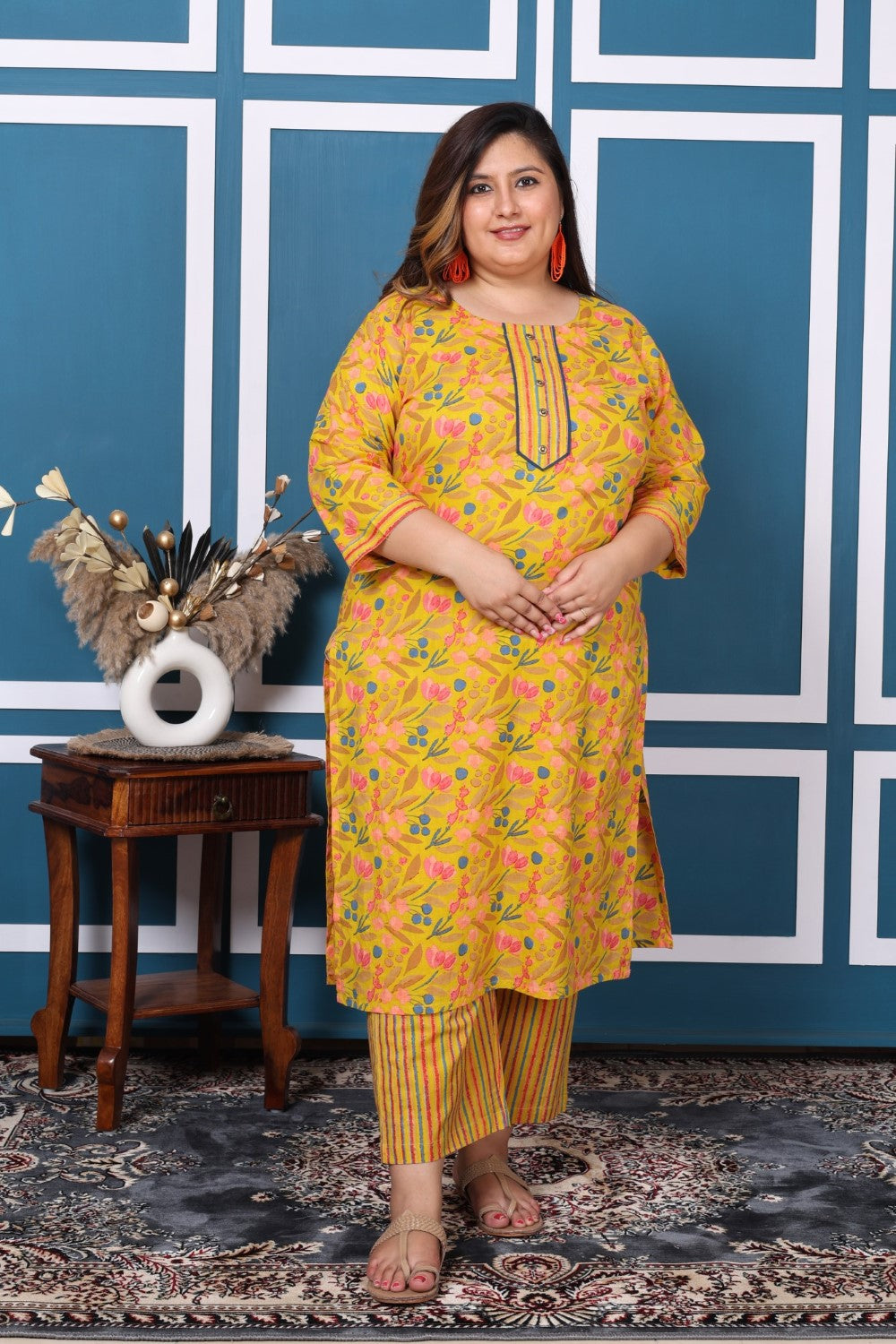 Plus Size Yellow Cotton Printed Kurta Pant Set with Dupatta-200048