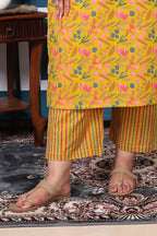Plus Size Yellow Cotton Printed Kurta Pant Set with Dupatta-200048