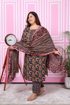 Plus Size Black Cotton Printed Kurta Pant Set with Dupatta-200049