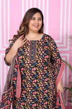 Plus Size Black Cotton Printed Kurta Pant Set with Dupatta-200049