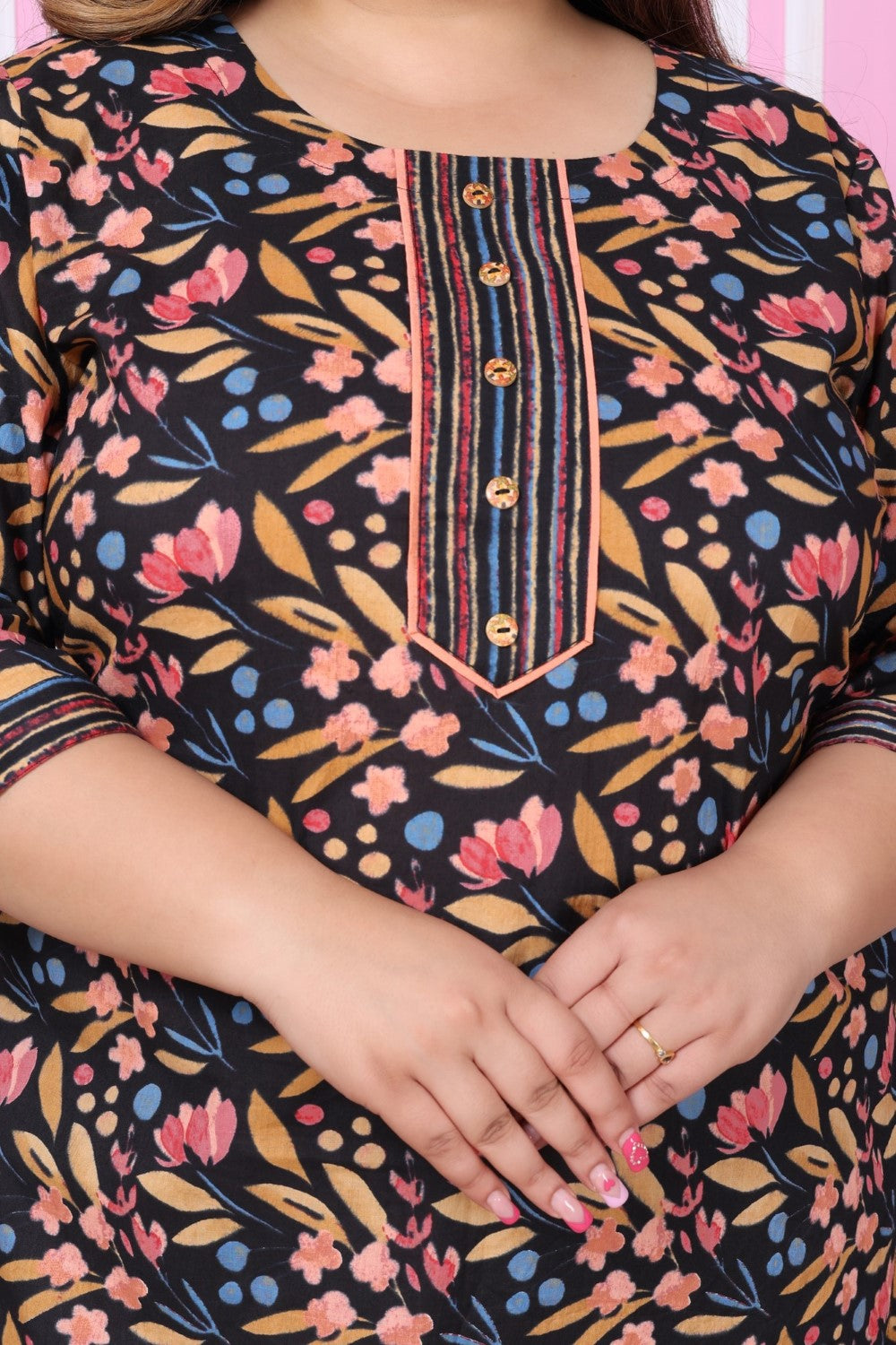 Plus Size Black Cotton Printed Kurta Pant Set with Dupatta-200049