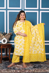 Plus Size Yellow Cotton Printed Kurta Pant Set with Dupatta-200050