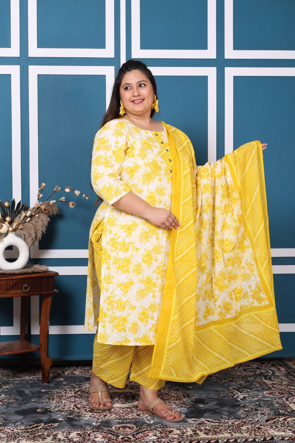 Plus Size Yellow Cotton Printed Kurta Pant Set with Dupatta-200050