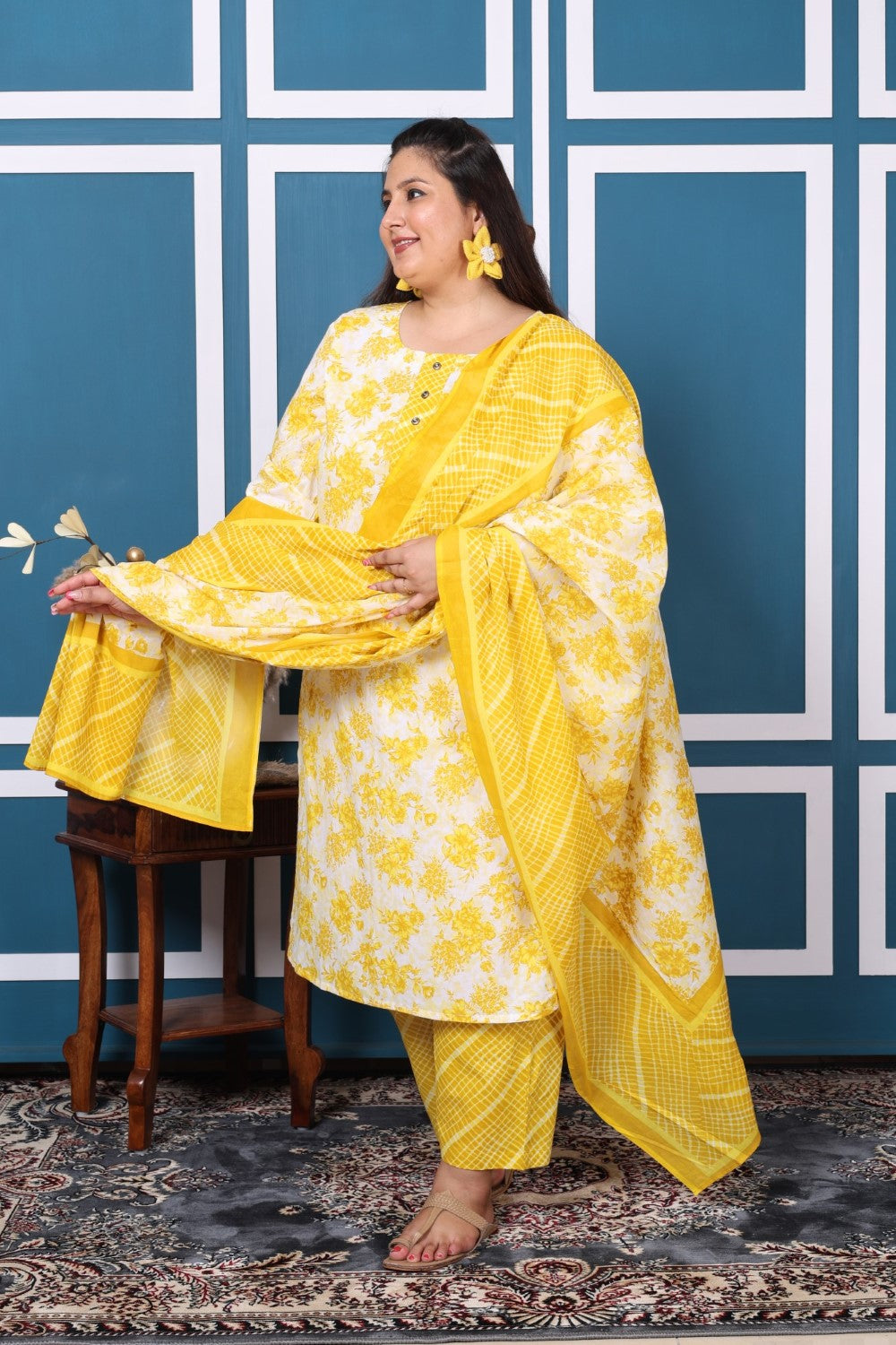 Plus Size Yellow Cotton Printed Kurta Pant Set with Dupatta-200050