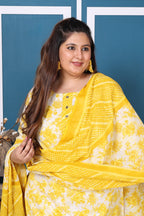 Plus Size Yellow Cotton Printed Kurta Pant Set with Dupatta-200050
