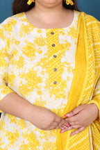 Plus Size Yellow Cotton Printed Kurta Pant Set with Dupatta-200050
