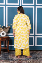 Plus Size Yellow Cotton Printed Kurta Pant Set with Dupatta-200050