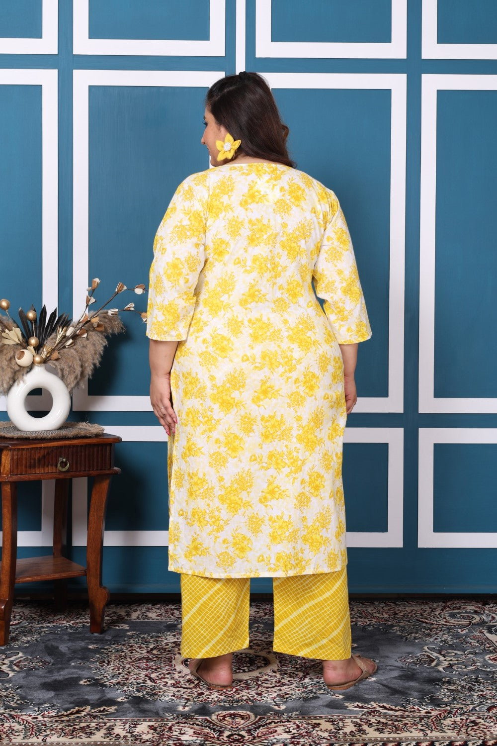 Plus Size Yellow Cotton Printed Kurta Pant Set with Dupatta-200050