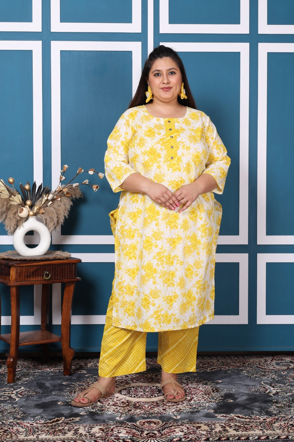 Plus Size Yellow Cotton Printed Kurta Pant Set with Dupatta-200050