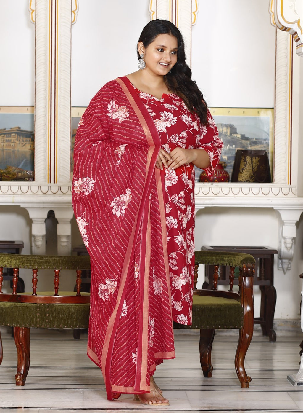 Plus Size Red Cotton Printed Kurta Pant Set with Dupatta-200053
