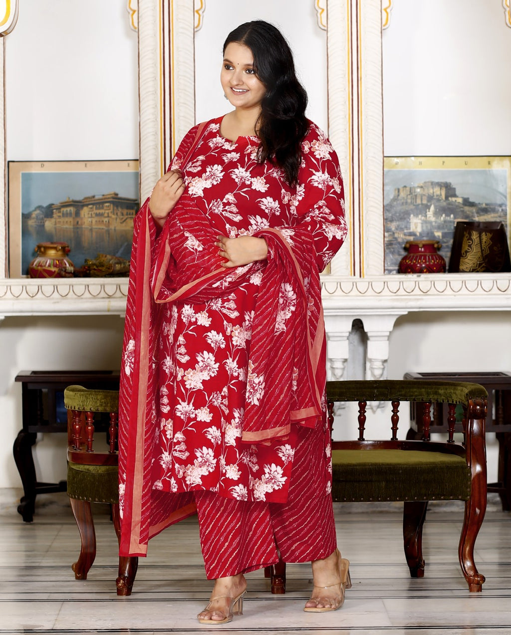 Plus Size Red Cotton Printed Kurta Pant Set with Dupatta-200053