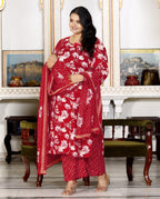 Plus Size Red Cotton Printed Kurta Pant Set with Dupatta-200053