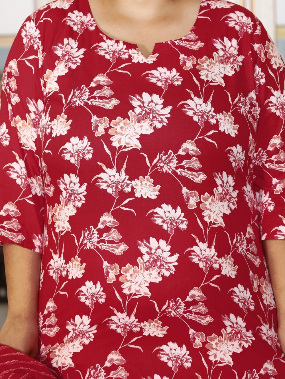 Plus Size Red Cotton Printed Kurta Pant Set with Dupatta-200053