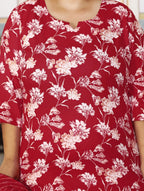 Plus Size Red Cotton Printed Kurta Pant Set with Dupatta-200053