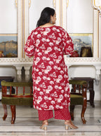 Plus Size Red Cotton Printed Kurta Pant Set with Dupatta-200053