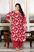 Plus Size Red Cotton Printed Kurta Pant Set with Dupatta-200053