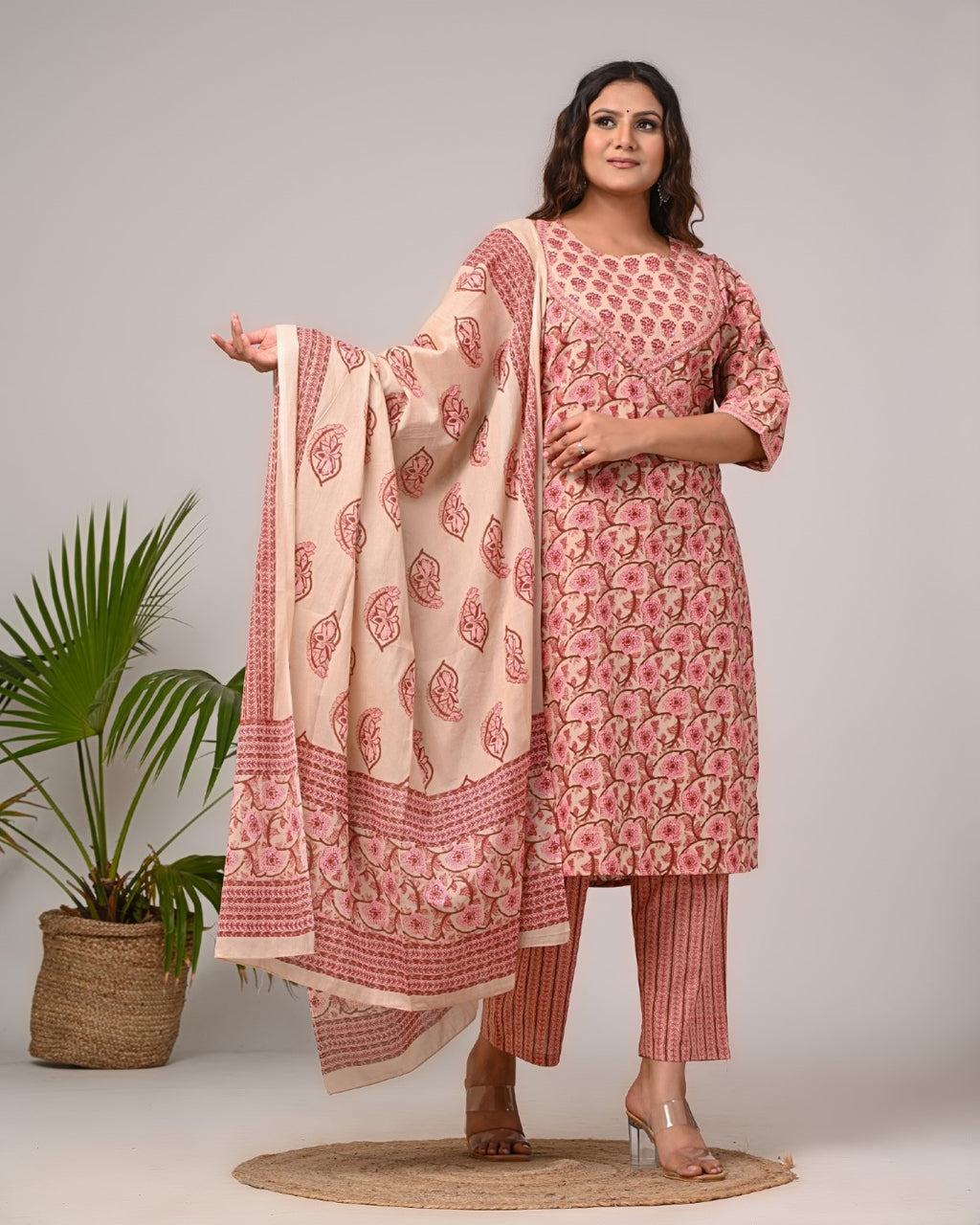 Plus Size Hand Work Pink Cotton Printed Kurta Pant Set with Dupatta-200054