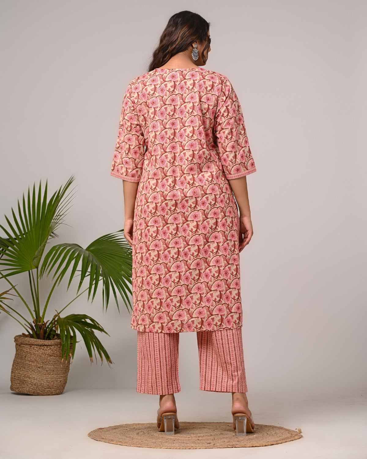 Plus Size Hand Work Pink Cotton Printed Kurta Pant Set with Dupatta-200054