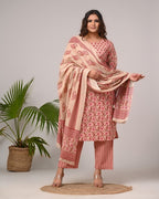 Plus Size Hand Work Pink Cotton Printed Kurta Pant Set with Dupatta-200054