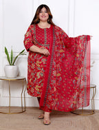 Plus Size Red Cotton Printed Kurta Pant Set with Dupatta-200055