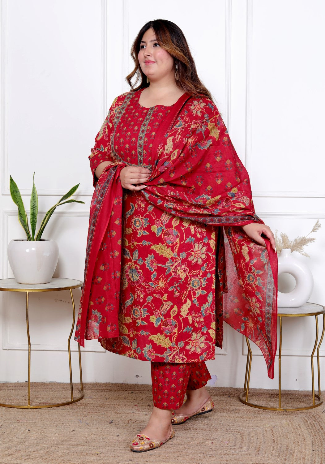 Plus Size Red Cotton Printed Kurta Pant Set with Dupatta-200055