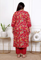 Plus Size Red Cotton Printed Kurta Pant Set with Dupatta-200055