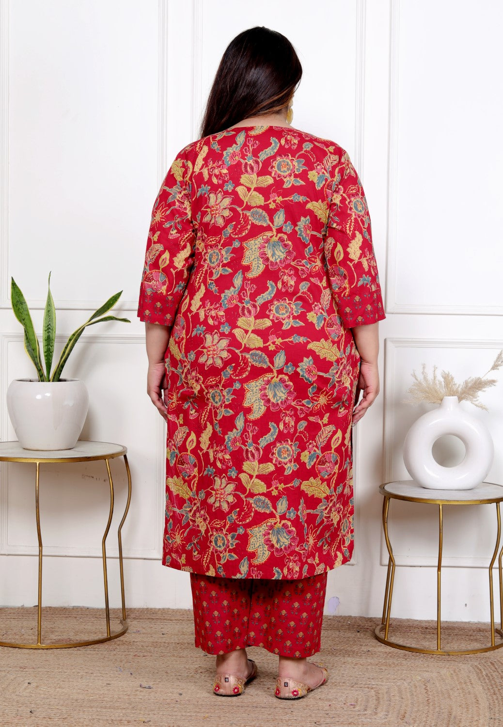 Plus Size Red Cotton Printed Kurta Pant Set with Dupatta-200055
