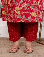Plus Size Red Cotton Printed Kurta Pant Set with Dupatta-200055