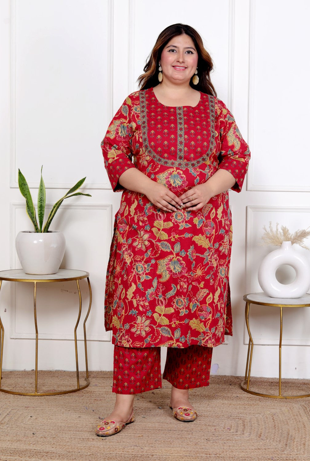 Plus Size Red Cotton Printed Kurta Pant Set with Dupatta-200055