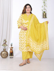 Plus Size Yellow Cotton Printed Kurta Pant Set with Dupatta-200056