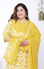 Plus Size Yellow Cotton Printed Kurta Pant Set with Dupatta-200056